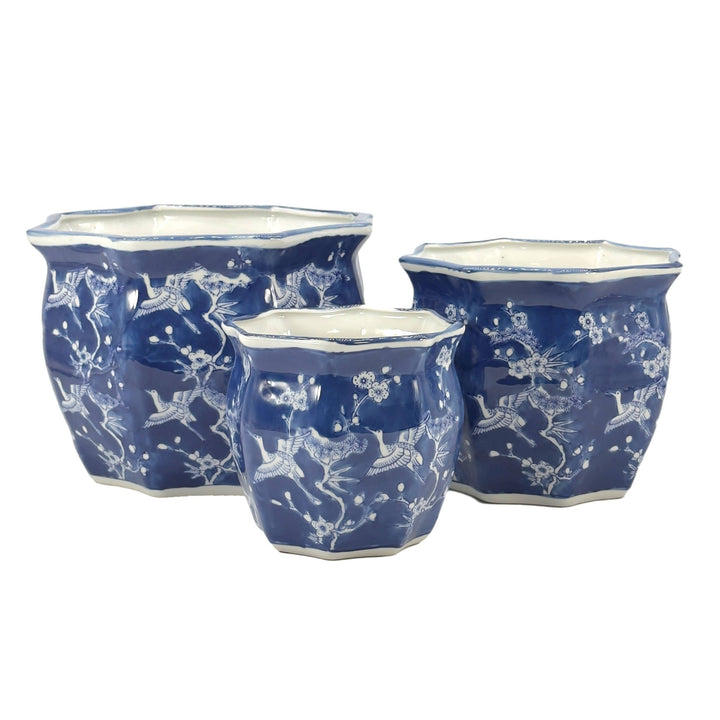 Set of 3 - 7.5"/10"/13" Ceramic Chinoiserie Planter Pot Set