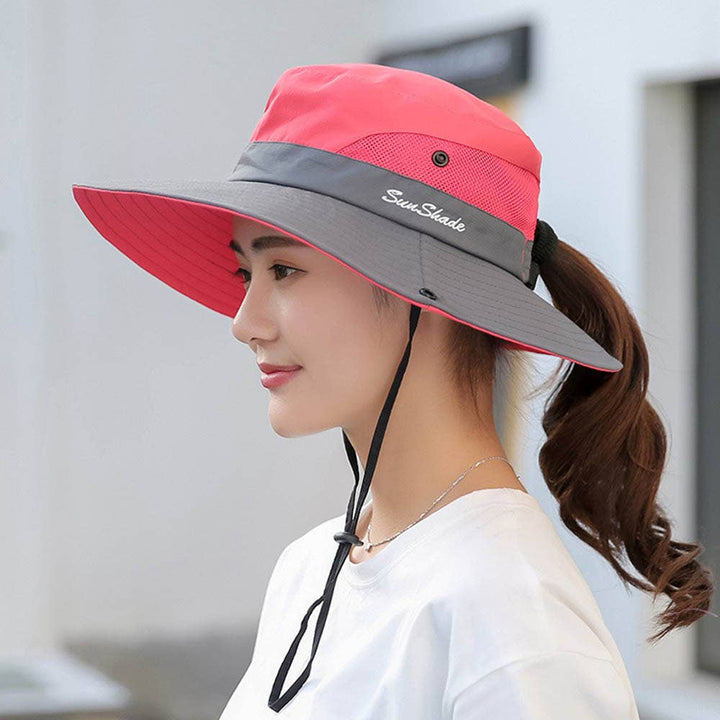 UV Protection Hat Foldable Wide Brim Ponytail Sun Hat
