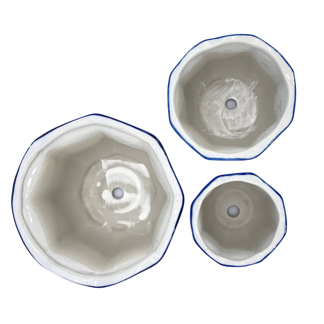 Set of 3 Blue & White Floral Ceramic Pots Ruffled Lip Style3