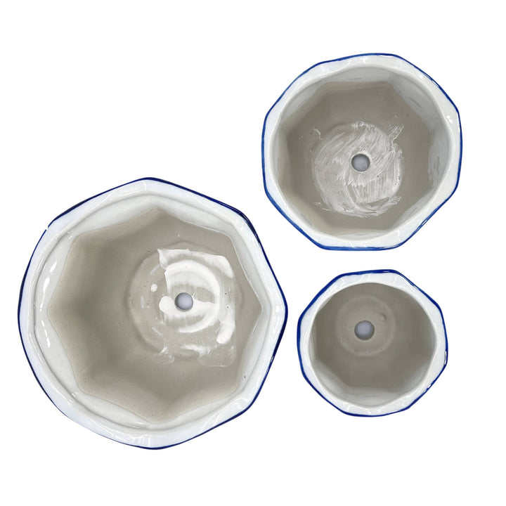 Set of 3 Blue & White Floral Ceramic Pots Ruffled Lip Style3