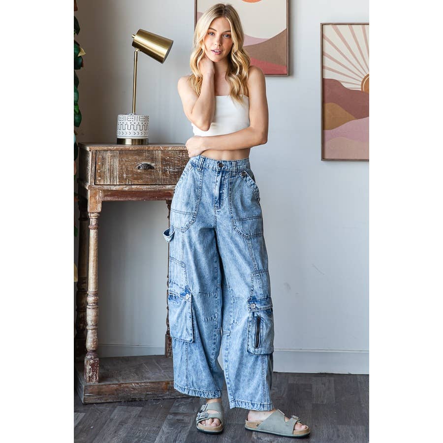 WASHED 3D POCKETS WIDE LEG CARGO DENIM PANTS