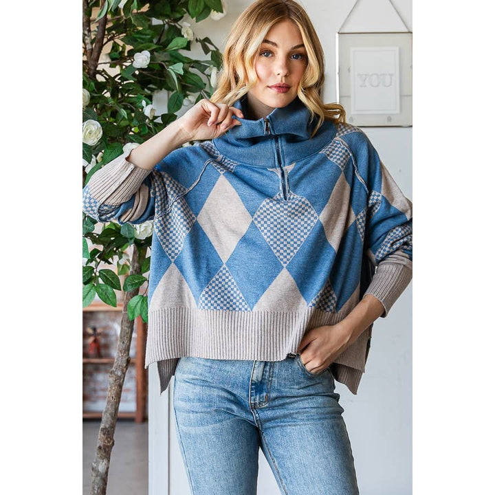 TWO TONE ARGYLE HALF ZIP UP PULLOVER SWEATER TOP