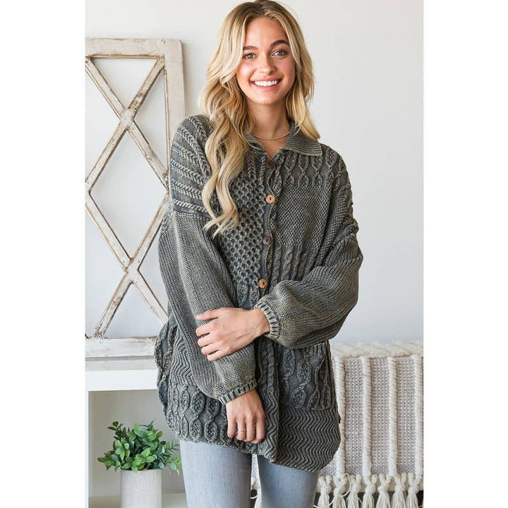 MINERAL WASHED COLLARED BUTTON SWEATER CARDIGAN