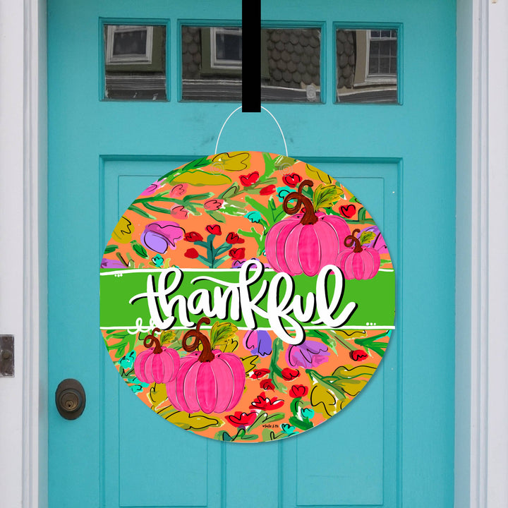 Thankful Pink Pumpkin in Bloom Door Hanger