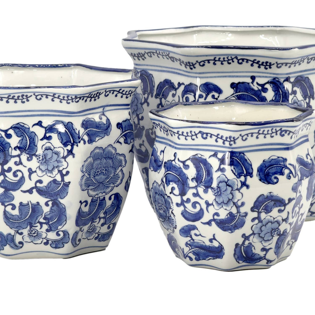 Set of 3 - 7.5"/10"/13" Ceramic Chinoiserie Planter Pot Set