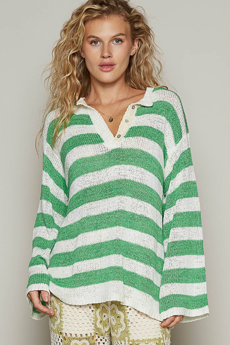 Round neck full sleeve thin sweater striped top