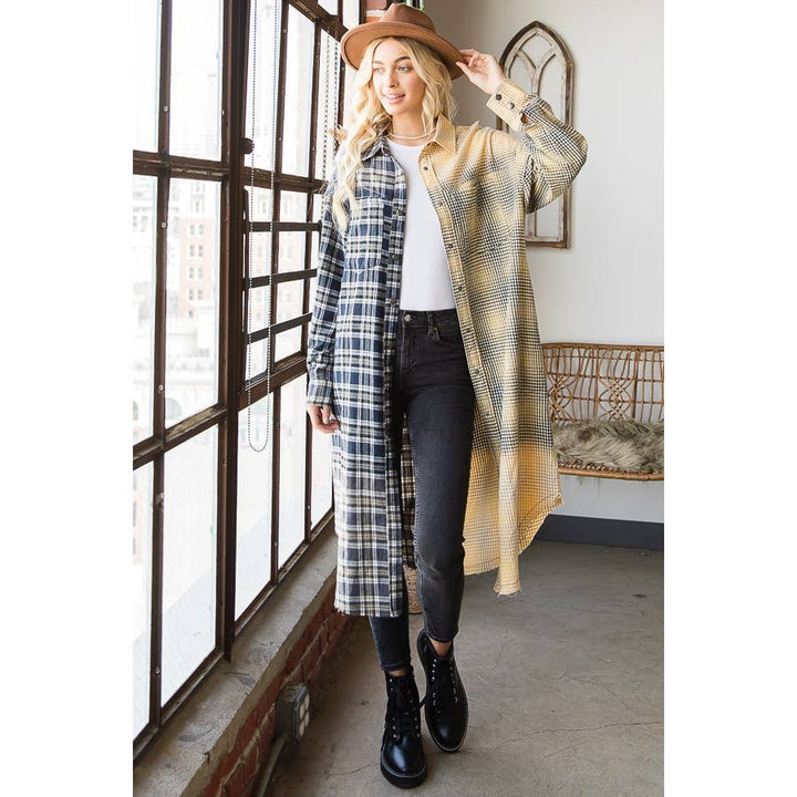 BLEACHED PLAID MIXED LONG SHIRT