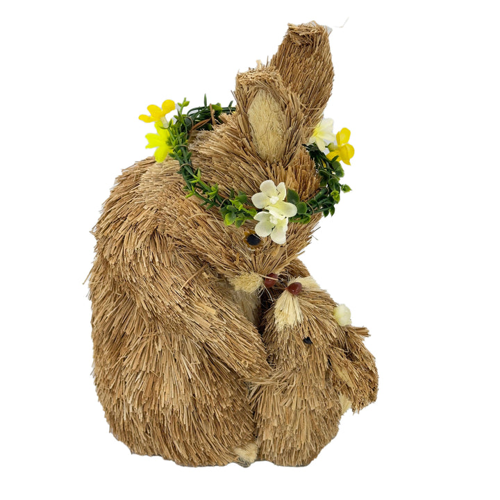 Straw Easter Bunny Mom & Baby  Figurine