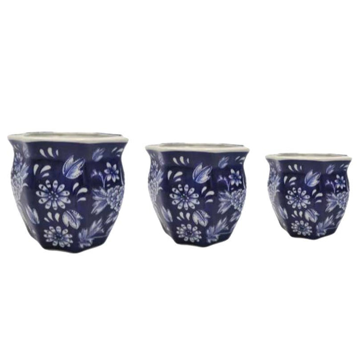 Set of 3 - 7.5"/10"/13" Ceramic Chinoiserie Planter Pot Set