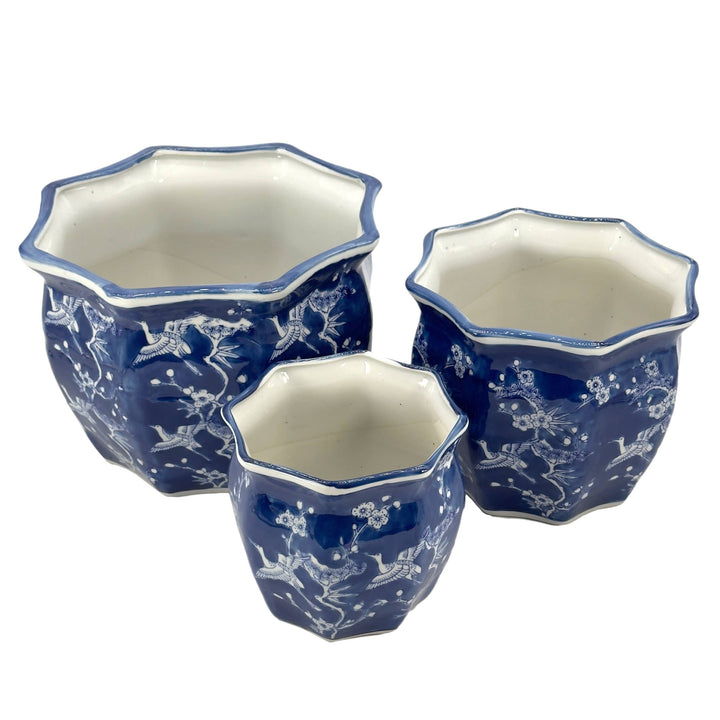 Set of 3 - 7.5"/10"/13" Ceramic Chinoiserie Planter Pot Set