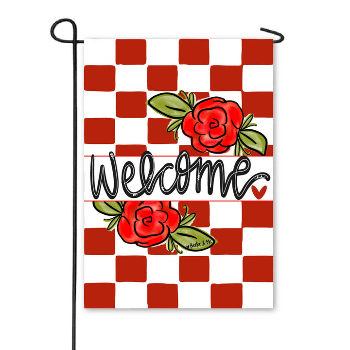 Welcome Rose Red Check Garden Flag