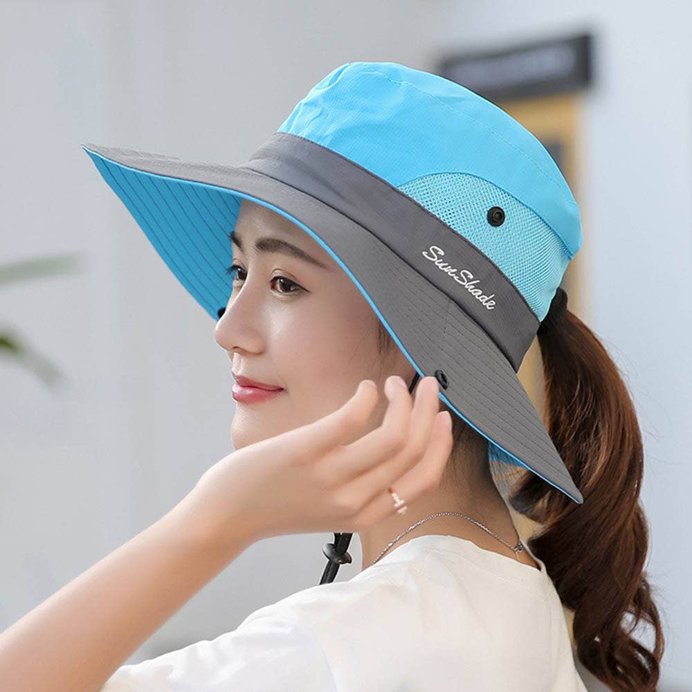 UV Protection Hat Foldable Wide Brim Ponytail Sun Hat