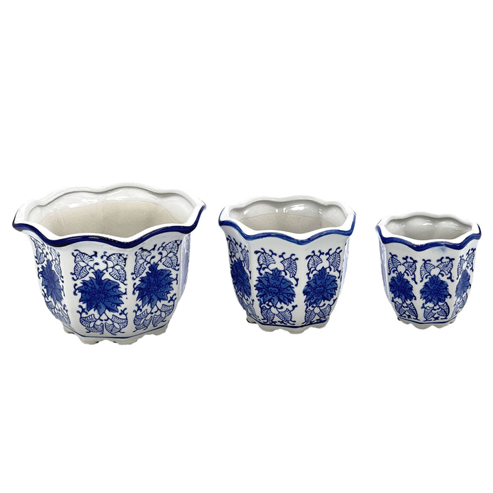 Set of 3 Blue & White Floral Ceramic Pots Ruffled Lip Style3