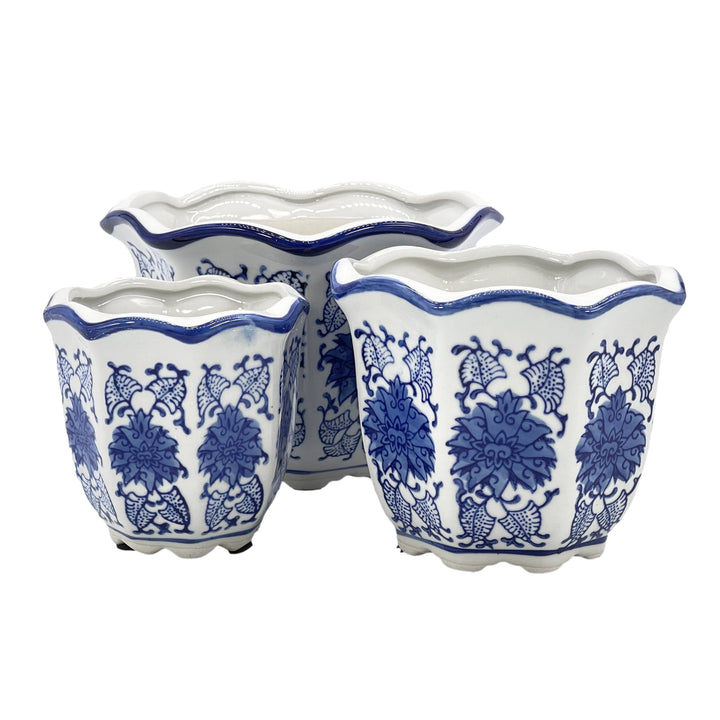 Set of 3 Blue & White Floral Ceramic Pots Ruffled Lip Style3