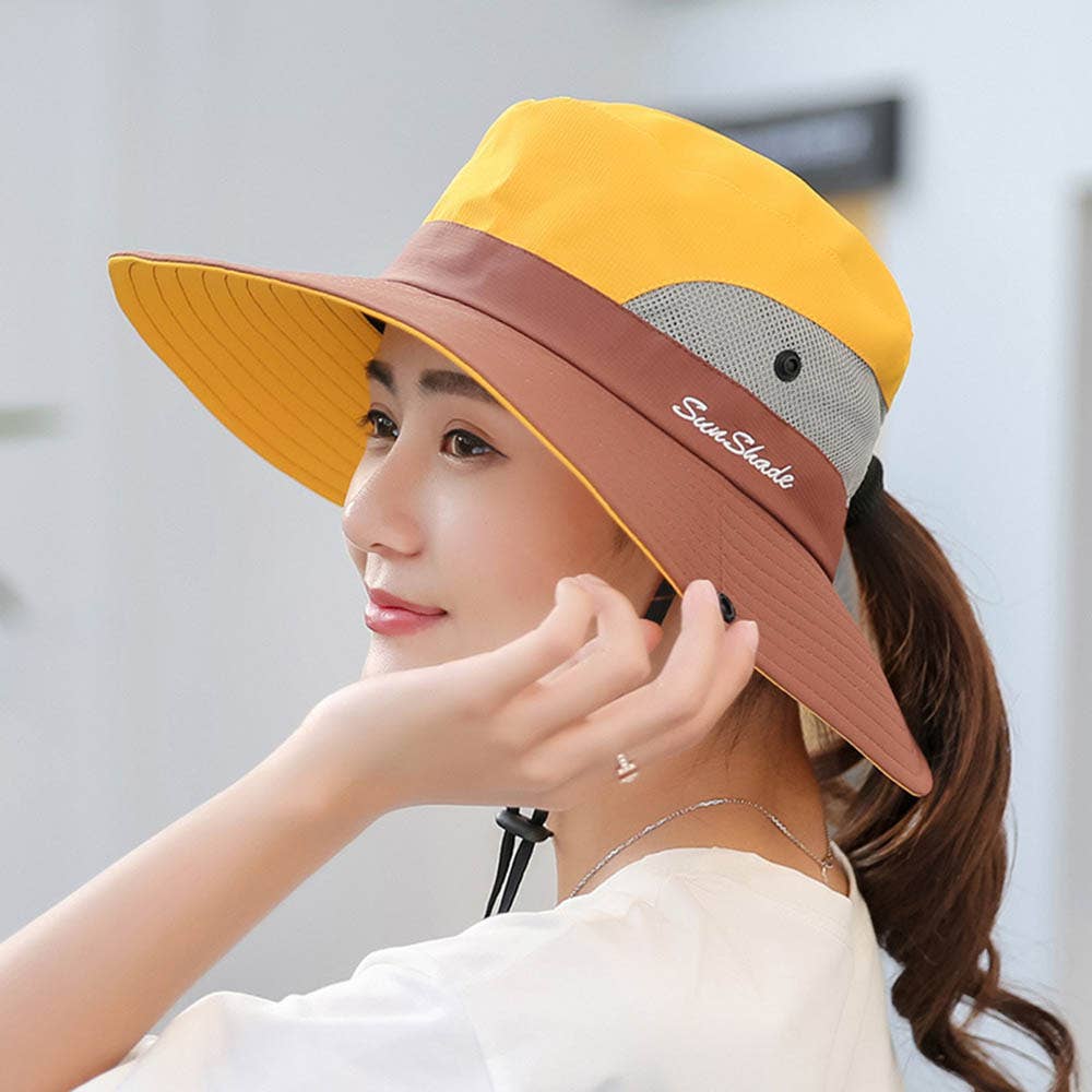 UV Protection Hat Foldable Wide Brim Ponytail Sun Hat