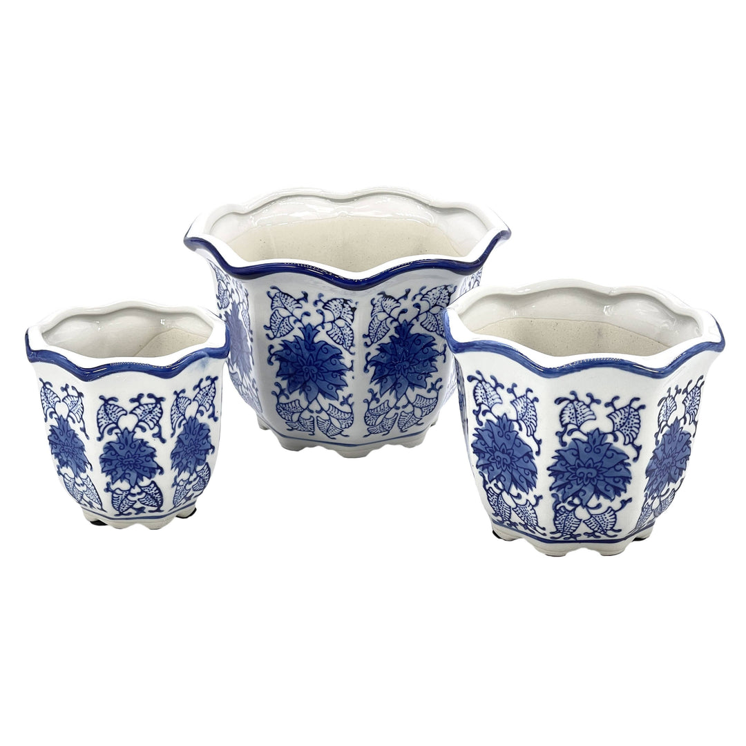 Set of 3 Blue & White Floral Ceramic Pots Ruffled Lip Style3