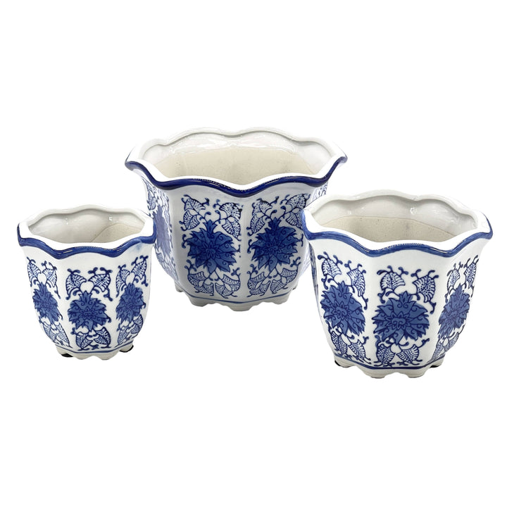 Set of 3 Blue & White Floral Ceramic Pots Ruffled Lip Style3