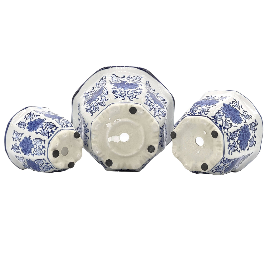 Set of 3 Blue & White Floral Ceramic Pots Ruffled Lip Style3
