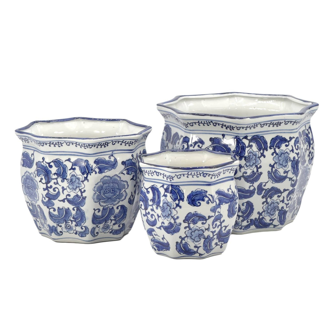 Set of 3 - 7.5"/10"/13" Ceramic Chinoiserie Planter Pot Set