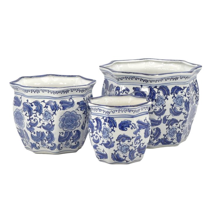 Set of 3 - 7.5"/10"/13" Ceramic Chinoiserie Planter Pot Set