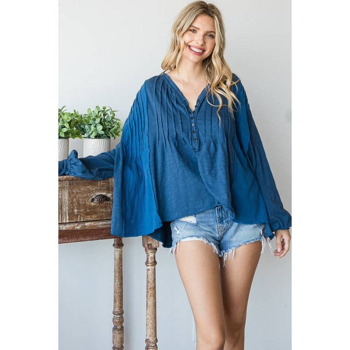 HENLEY V NECK PINTUCKED FRONT LONG SLEEVE BLOUSE