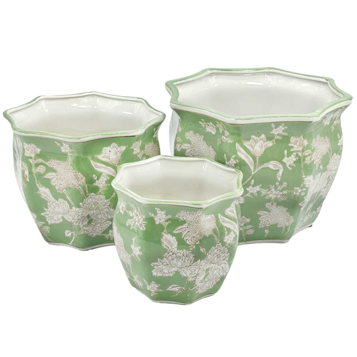Set of 3 - 7.5"/10"/13" Ceramic Chinoiserie Planter Pot Set