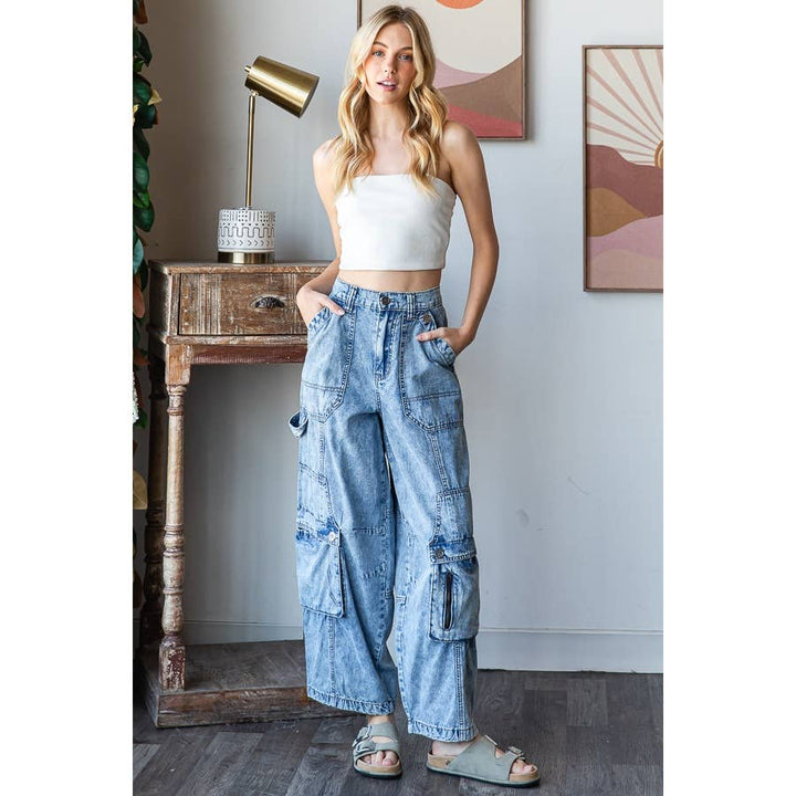 WASHED 3D POCKETS WIDE LEG CARGO DENIM PANTS