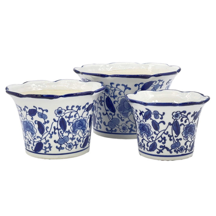 Set of 3 Blue & White Floral Ceramic Pots Ruffled Lip Style2