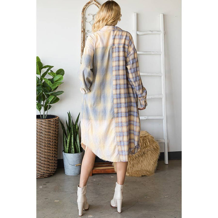 BLEACHED PLAID MIXED LONG SHIRT