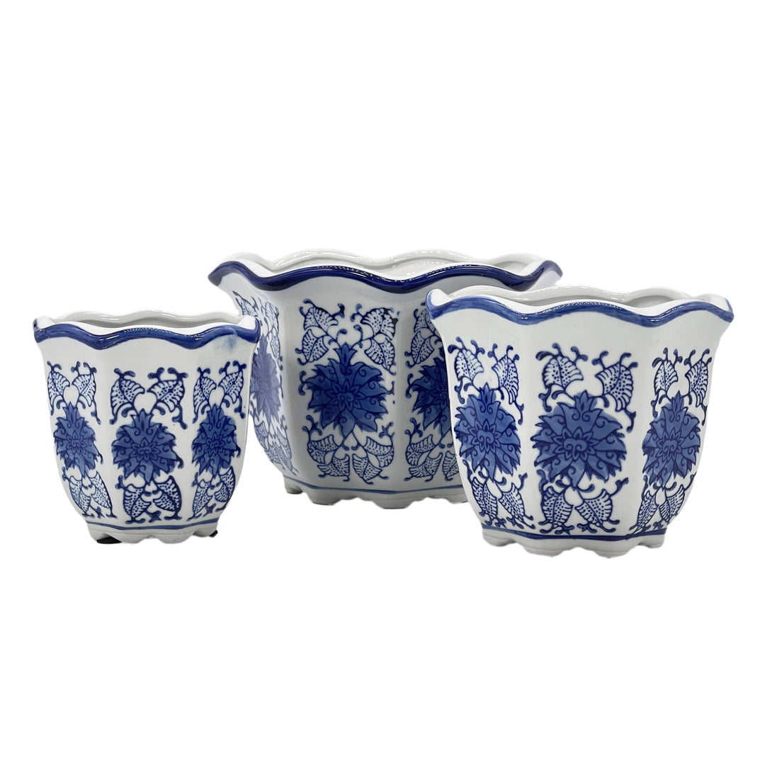 Set of 3 Blue & White Floral Ceramic Pots Ruffled Lip Style3