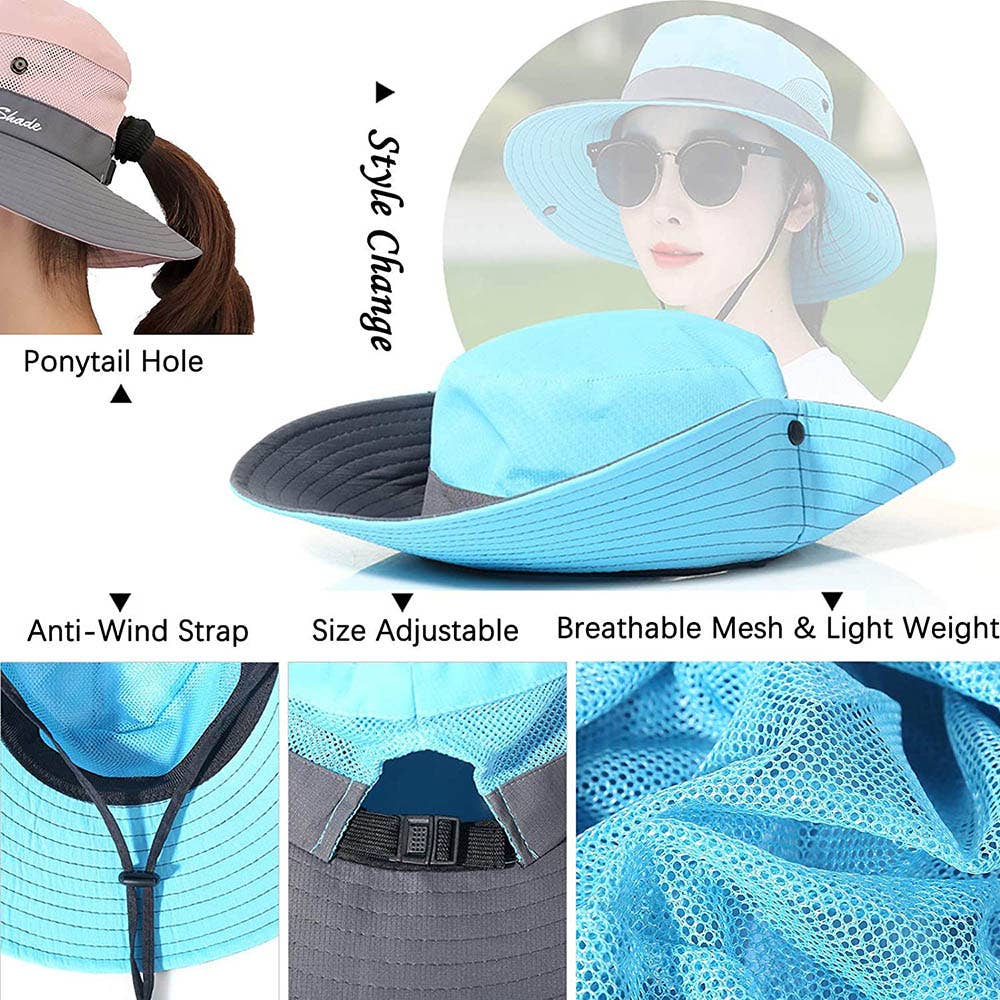 UV Protection Hat Foldable Wide Brim Ponytail Sun Hat