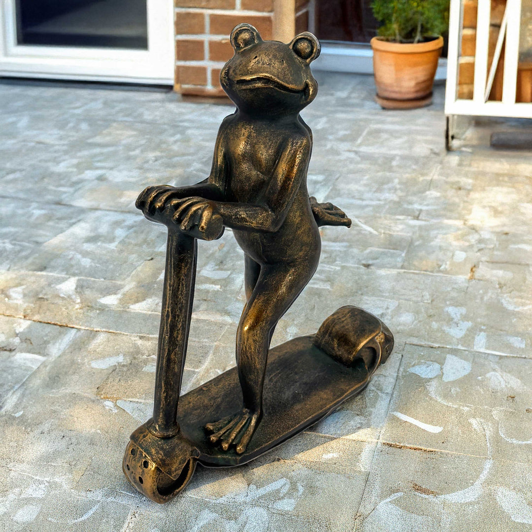 16" Scooter Frog Copper-Look Resin Garden Statue