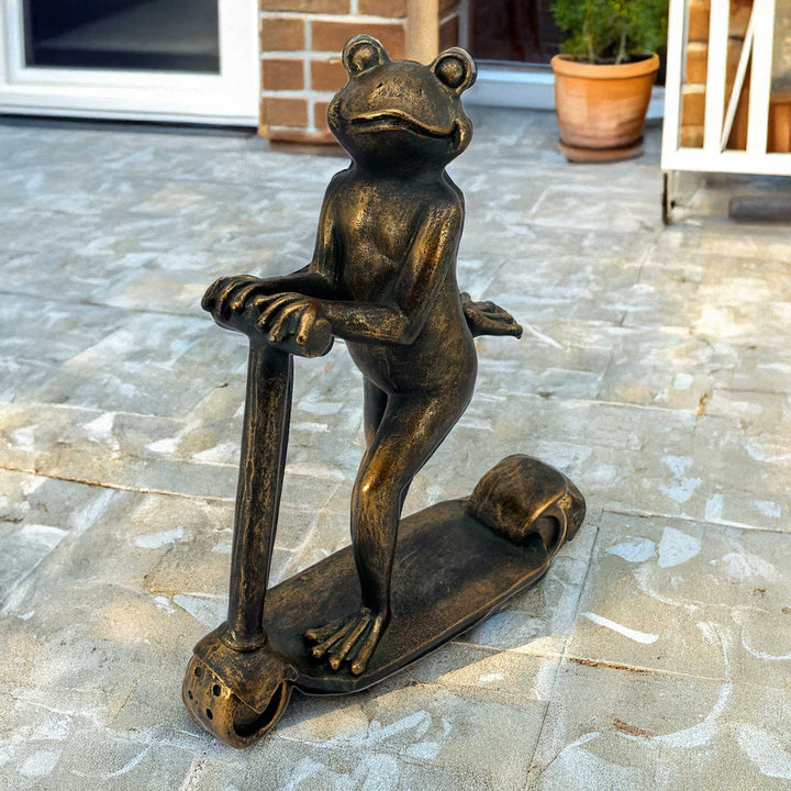 16" Scooter Frog Copper-Look Resin Garden Statue