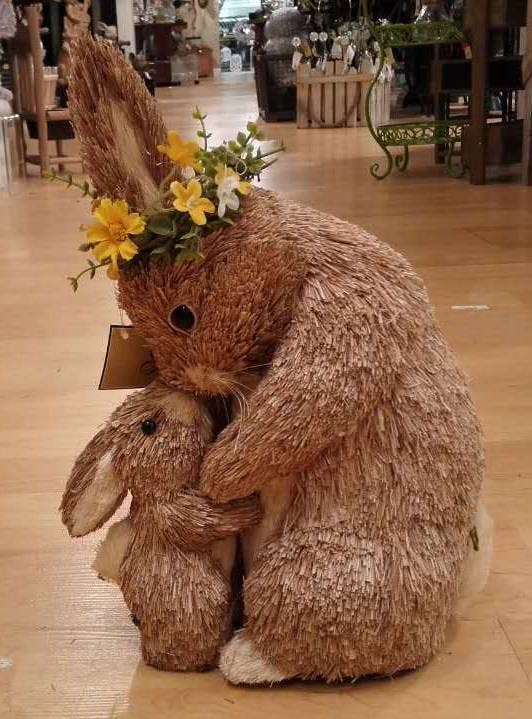 Straw Easter Bunny Mom & Baby  Figurine