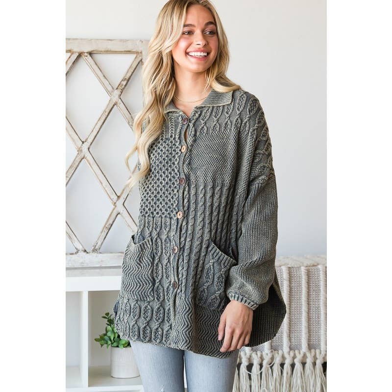 MINERAL WASHED COLLARED BUTTON SWEATER CARDIGAN