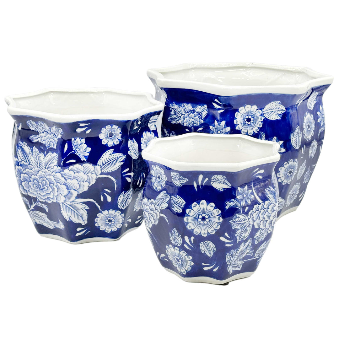 Set of 3 - 7.5"/10"/13" Ceramic Chinoiserie Planter Pot Set