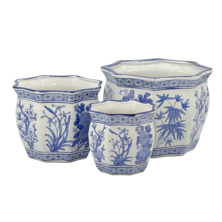 Set of 3 - 7.5"/10"/13" Ceramic Chinoiserie Planter Pot Set