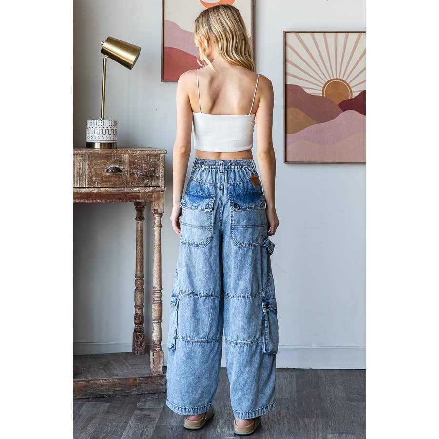 WASHED 3D POCKETS WIDE LEG CARGO DENIM PANTS