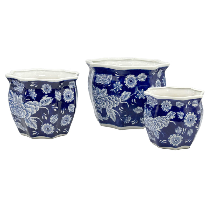 Set of 3 - 7.5"/10"/13" Ceramic Chinoiserie Planter Pot Set