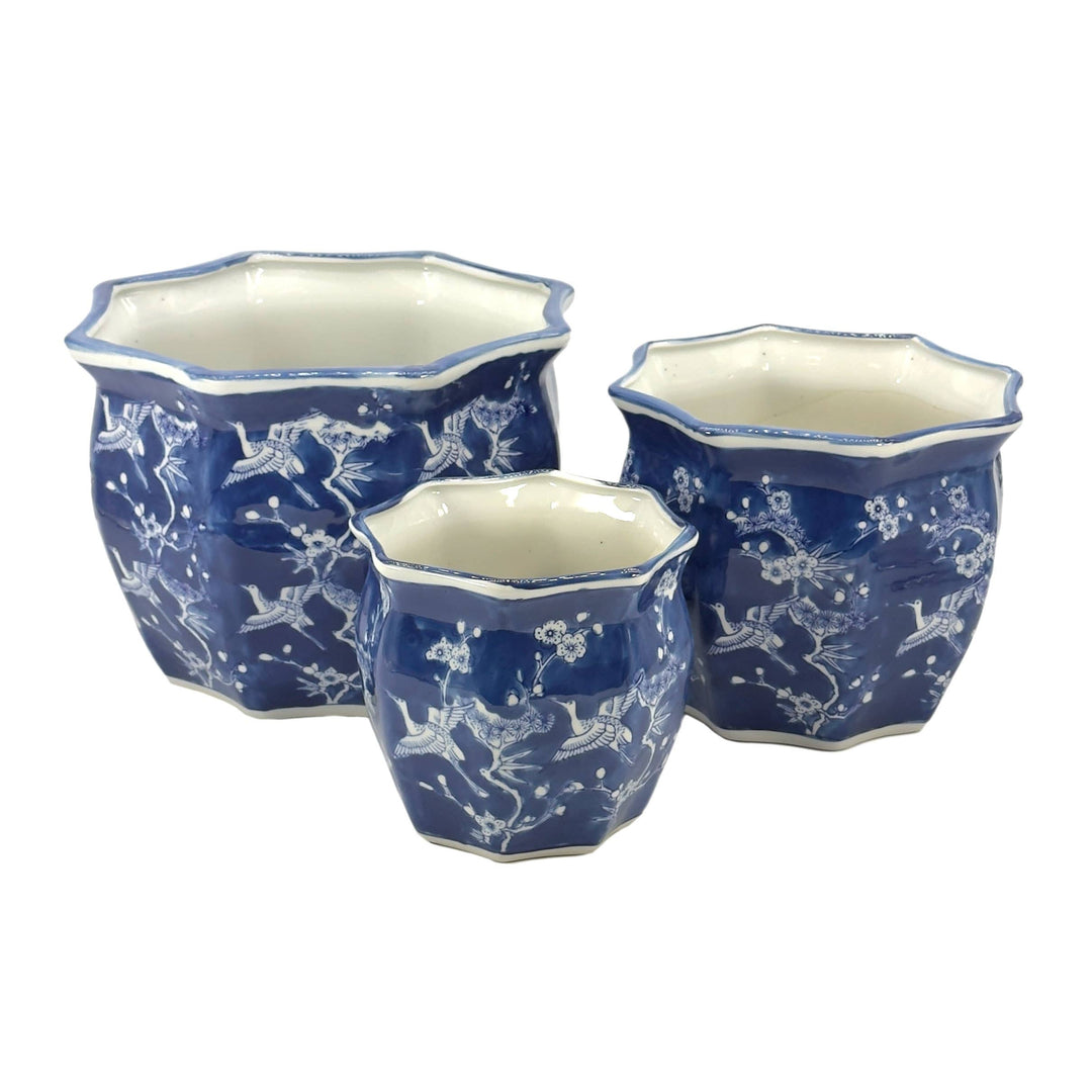 Set of 3 - 7.5"/10"/13" Ceramic Chinoiserie Planter Pot Set