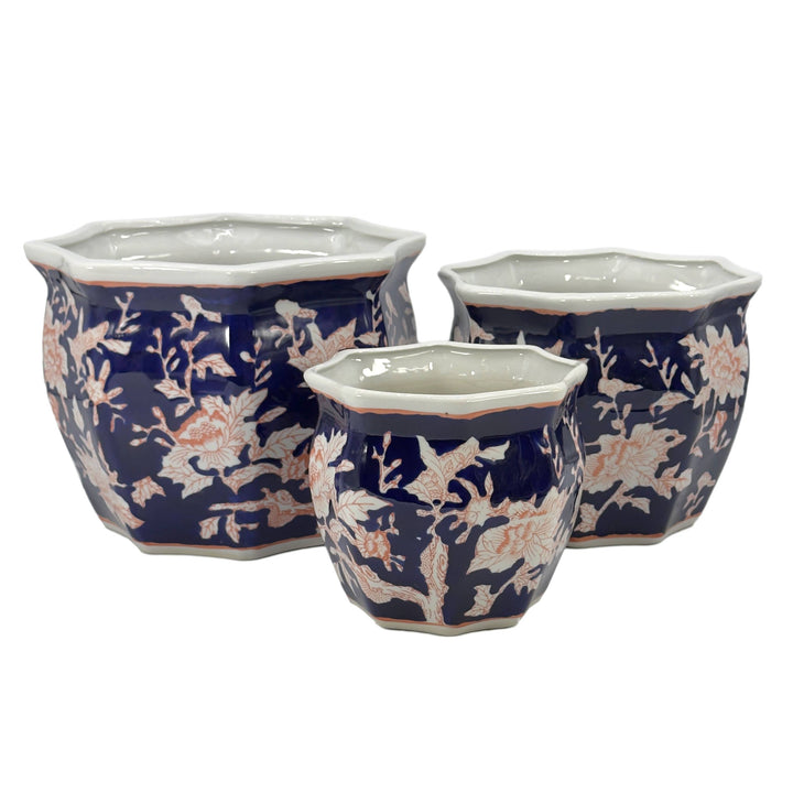 Set of 3 - 7.5"/10"/13" Ceramic Chinoiserie Planter Pot Set