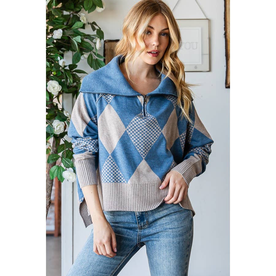 TWO TONE ARGYLE HALF ZIP UP PULLOVER SWEATER TOP