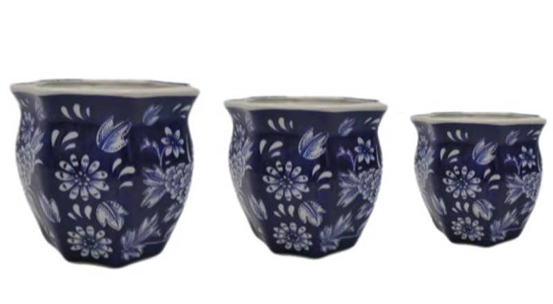 Set of 3 - 7.5"/10"/13" Ceramic Chinoiserie Planter Pot Set