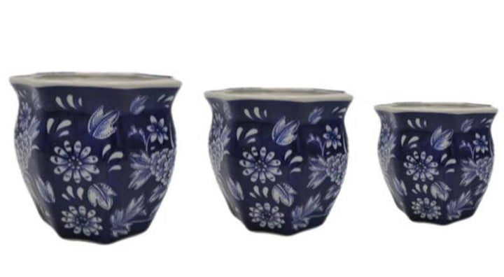 Set of 3 - 7.5"/10"/13" Ceramic Chinoiserie Planter Pot Set