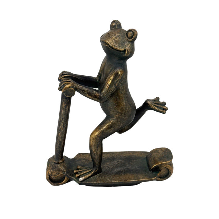 16" Scooter Frog Copper-Look Resin Garden Statue