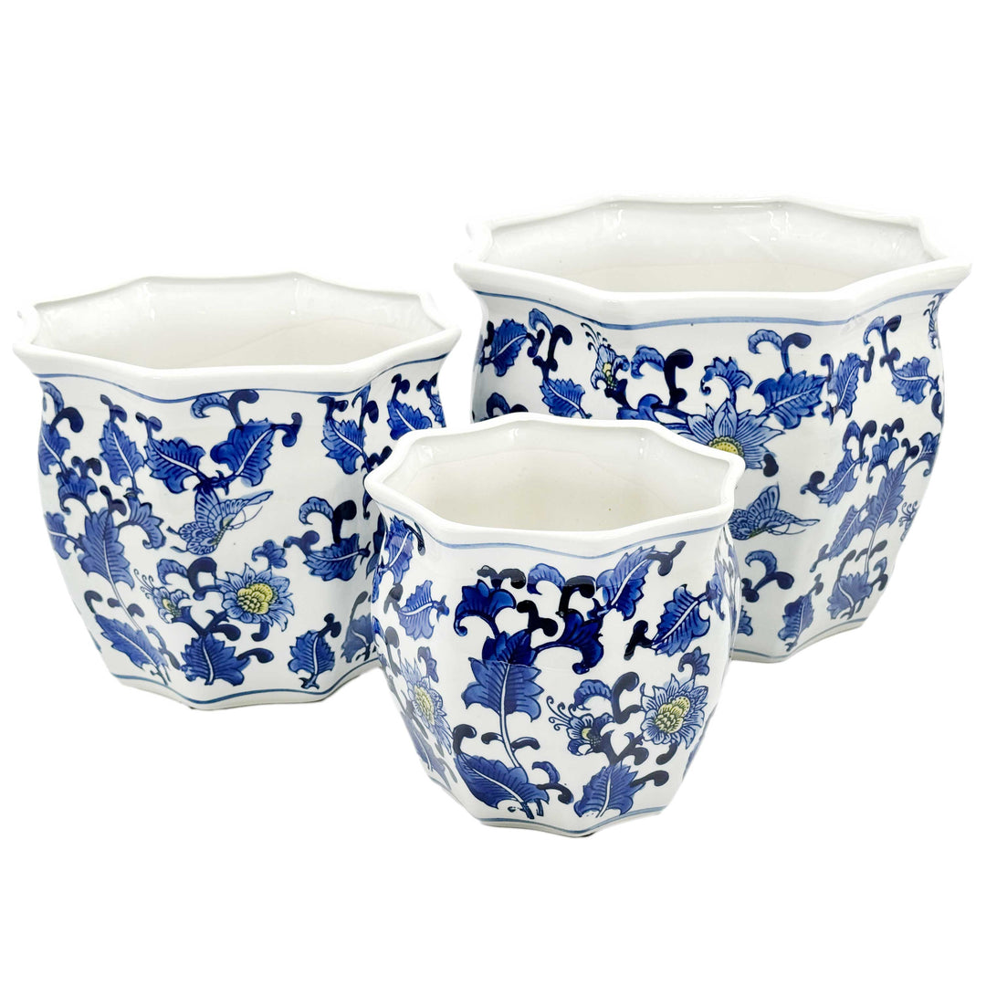 Set of 3 - 7.5"/10"/13" Ceramic Chinoiserie Planter Pot Set