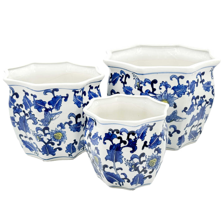 Set of 3 - 7.5"/10"/13" Ceramic Chinoiserie Planter Pot Set