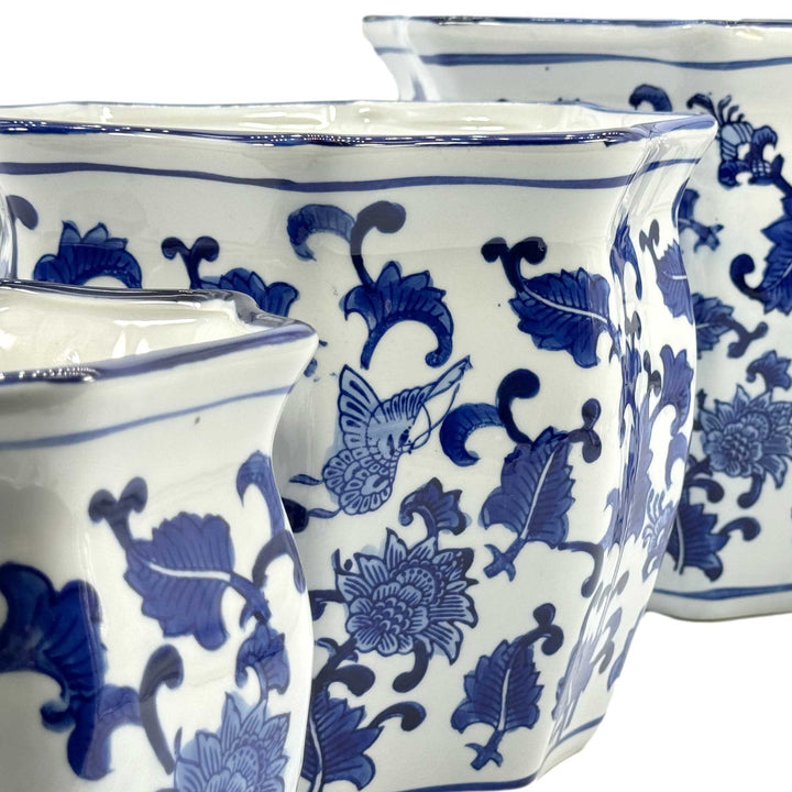 Set of 3 - 7.5"/10"/13" Ceramic Chinoiserie Planter Pot Set