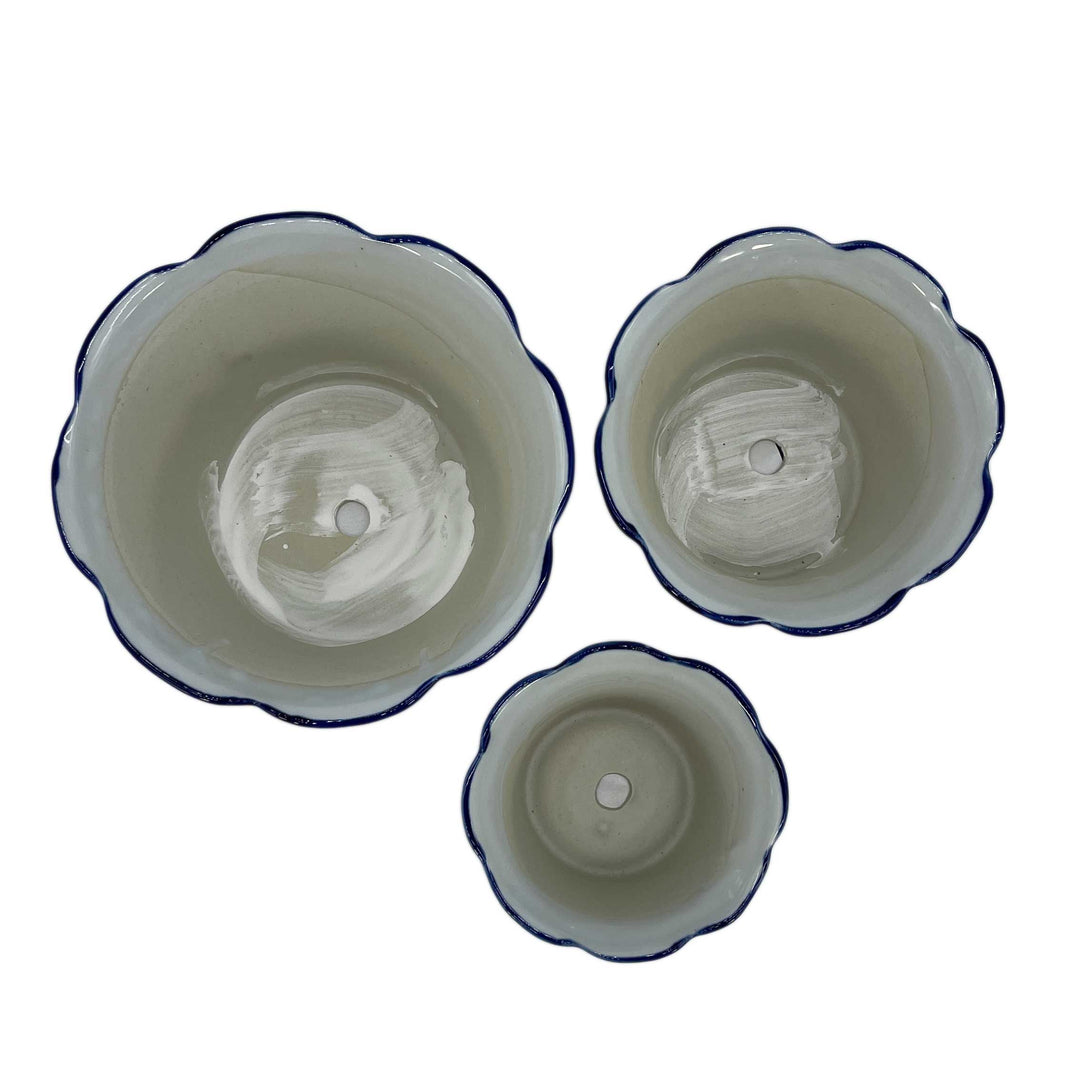 Set of 3 Blue & White Floral Ceramic Pots Ruffled Lip Style2