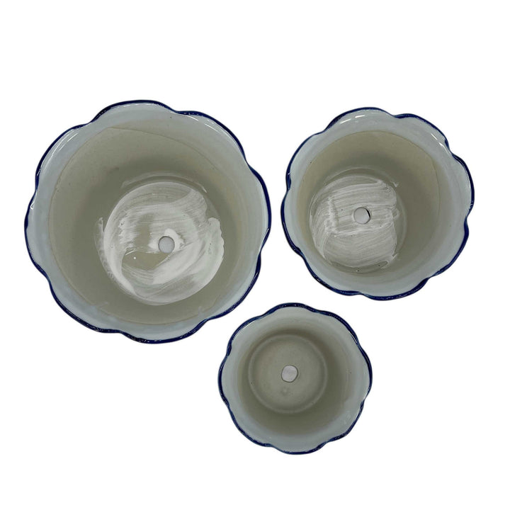 Set of 3 Blue & White Floral Ceramic Pots Ruffled Lip Style2